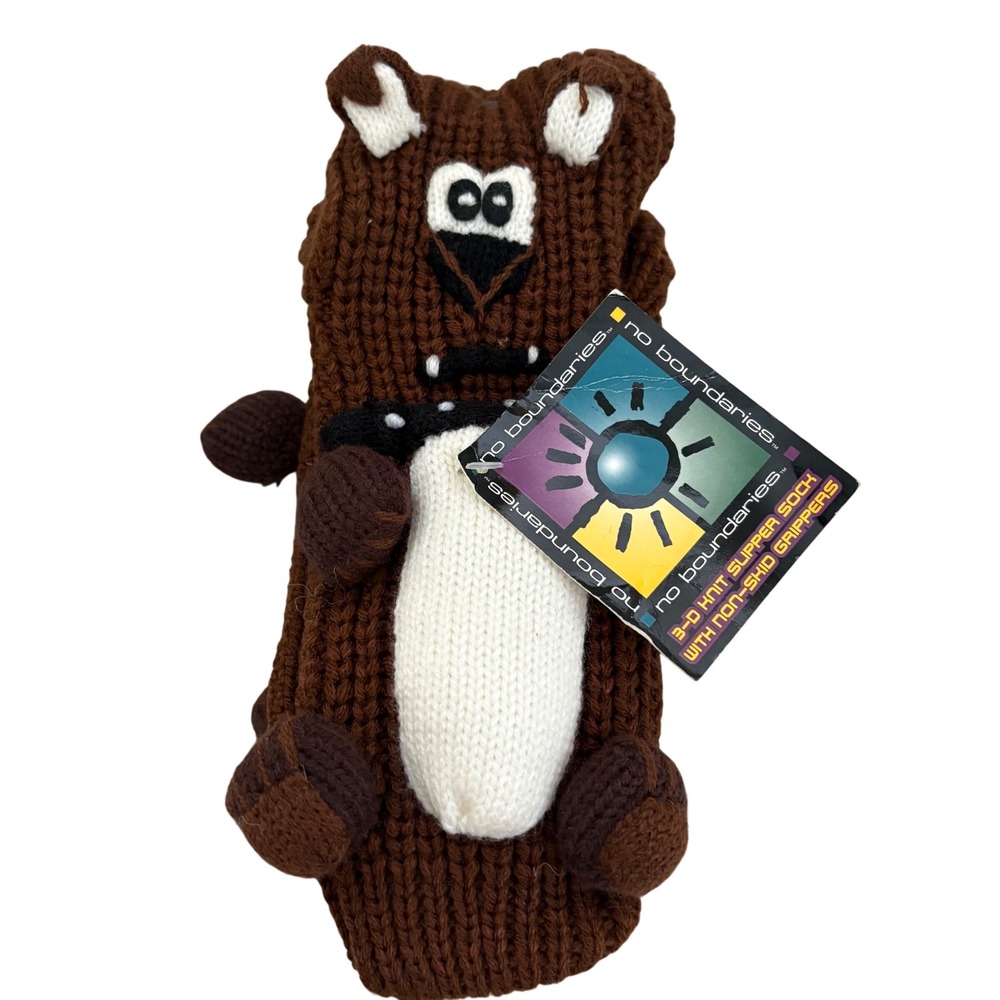 No Boundaries 3-D Knit Slipper Socks Brown Bear Non-Skid Grippers New Size 9-11